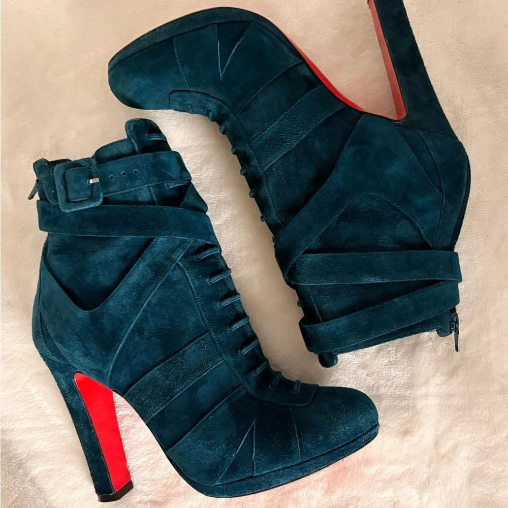 🛑Christian Louboutin Teal Suede Lace-Up Ankle Boots with Red Sole - Picture 2 of 9